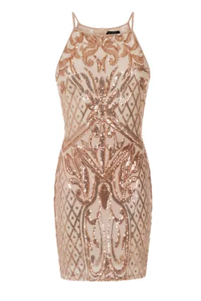 Tiara Rose Gold Sheer Sequin Embellished Transparent Mini Dress