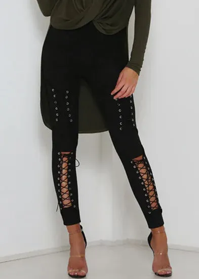 Trendy Laced Faux Suede High Waist Pants