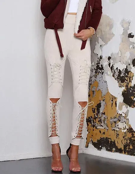 Trendy Laced Faux Suede High Waist Pants