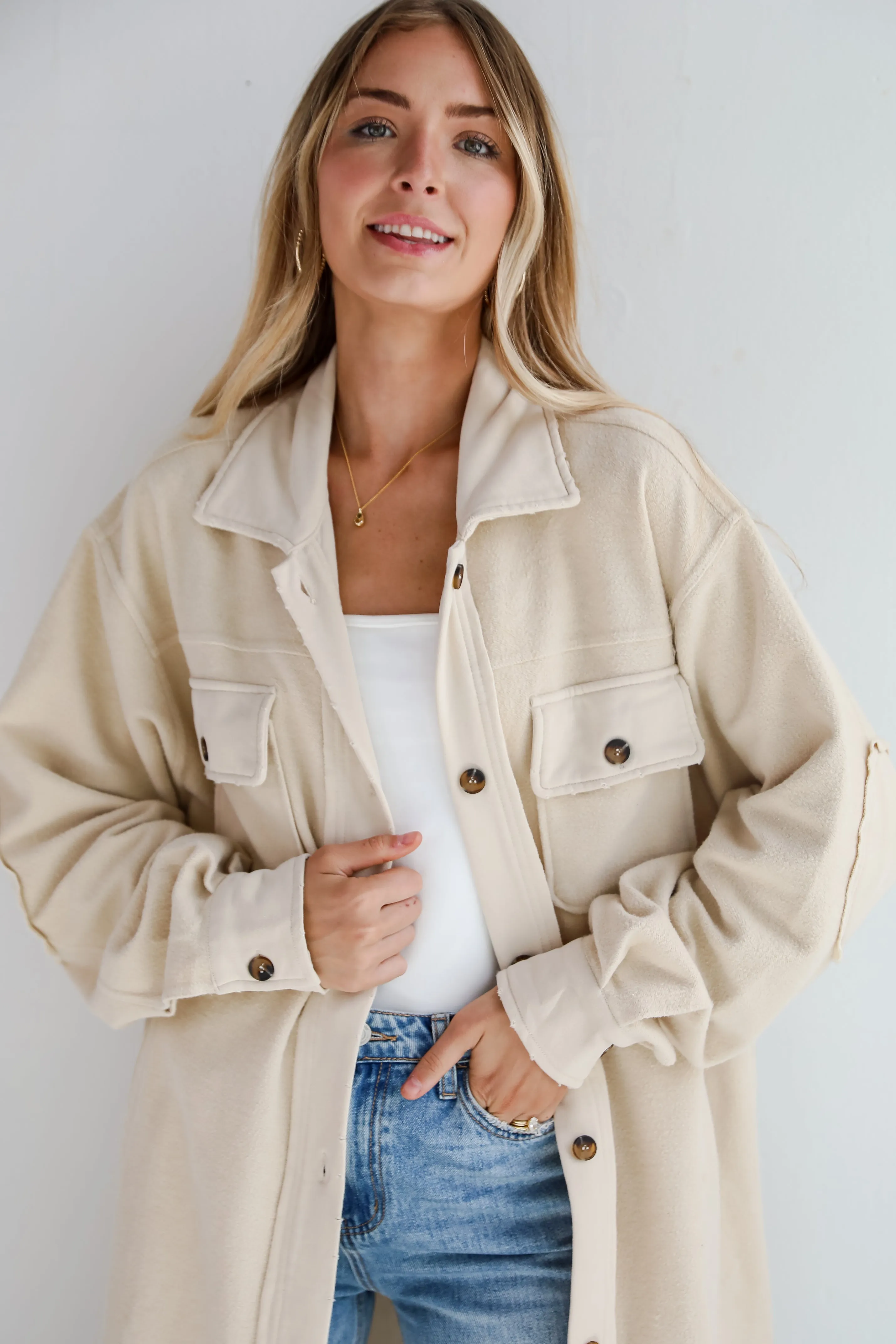 Undeniably Stylish Oatmeal Longline Shacket