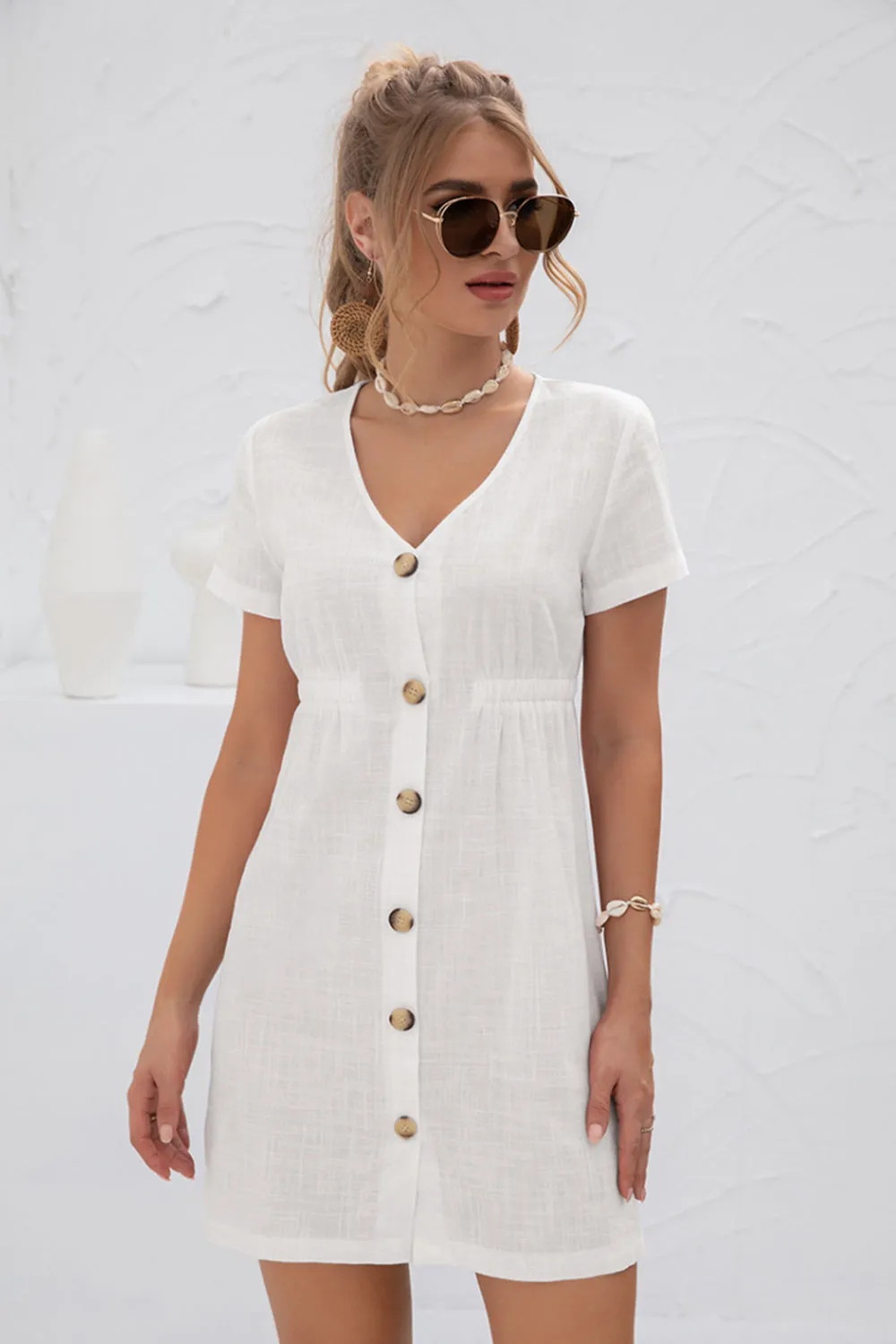 V-Neck High Waist Buttoned Dress