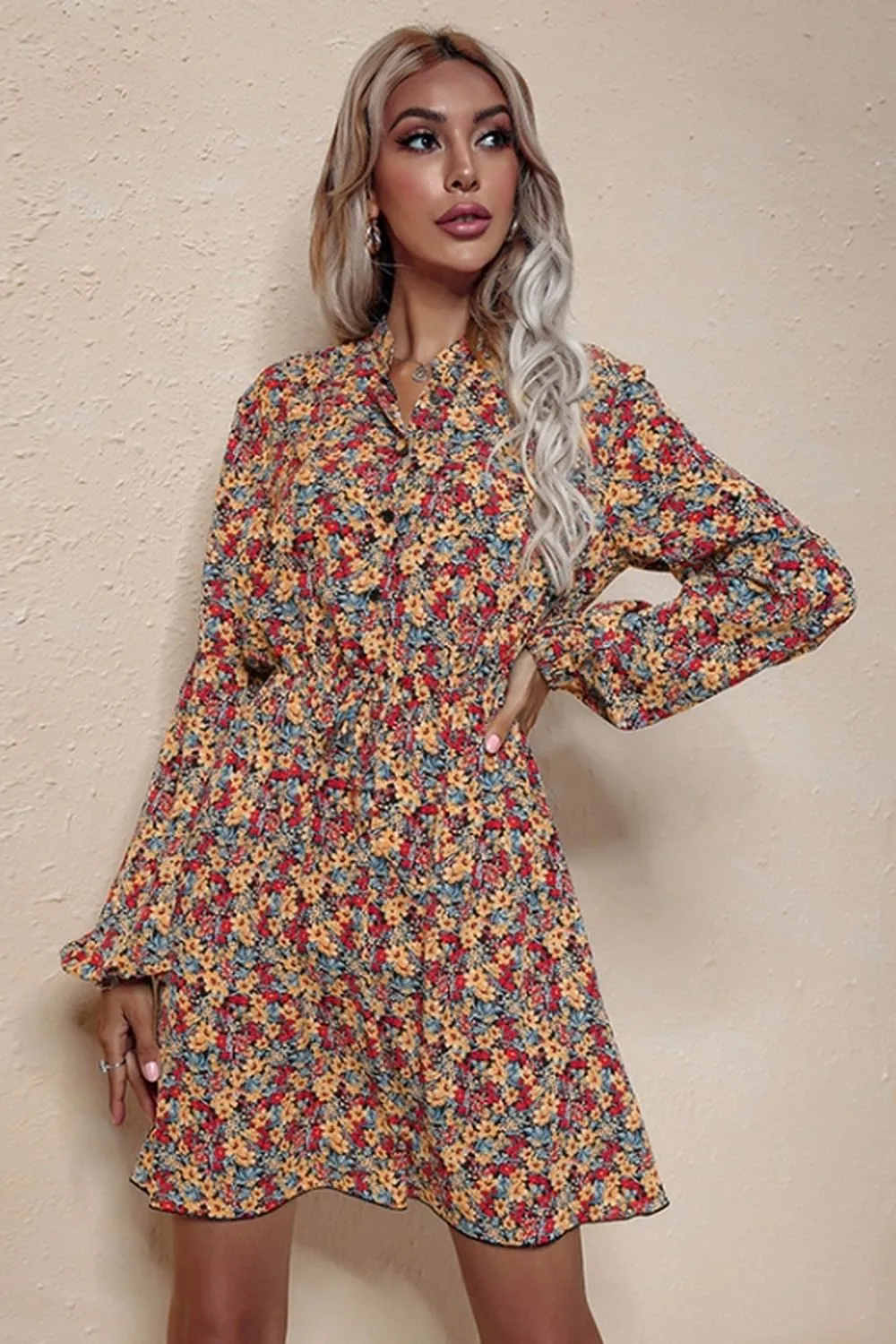 V-Neck High Waist Floral Chiffon Dress