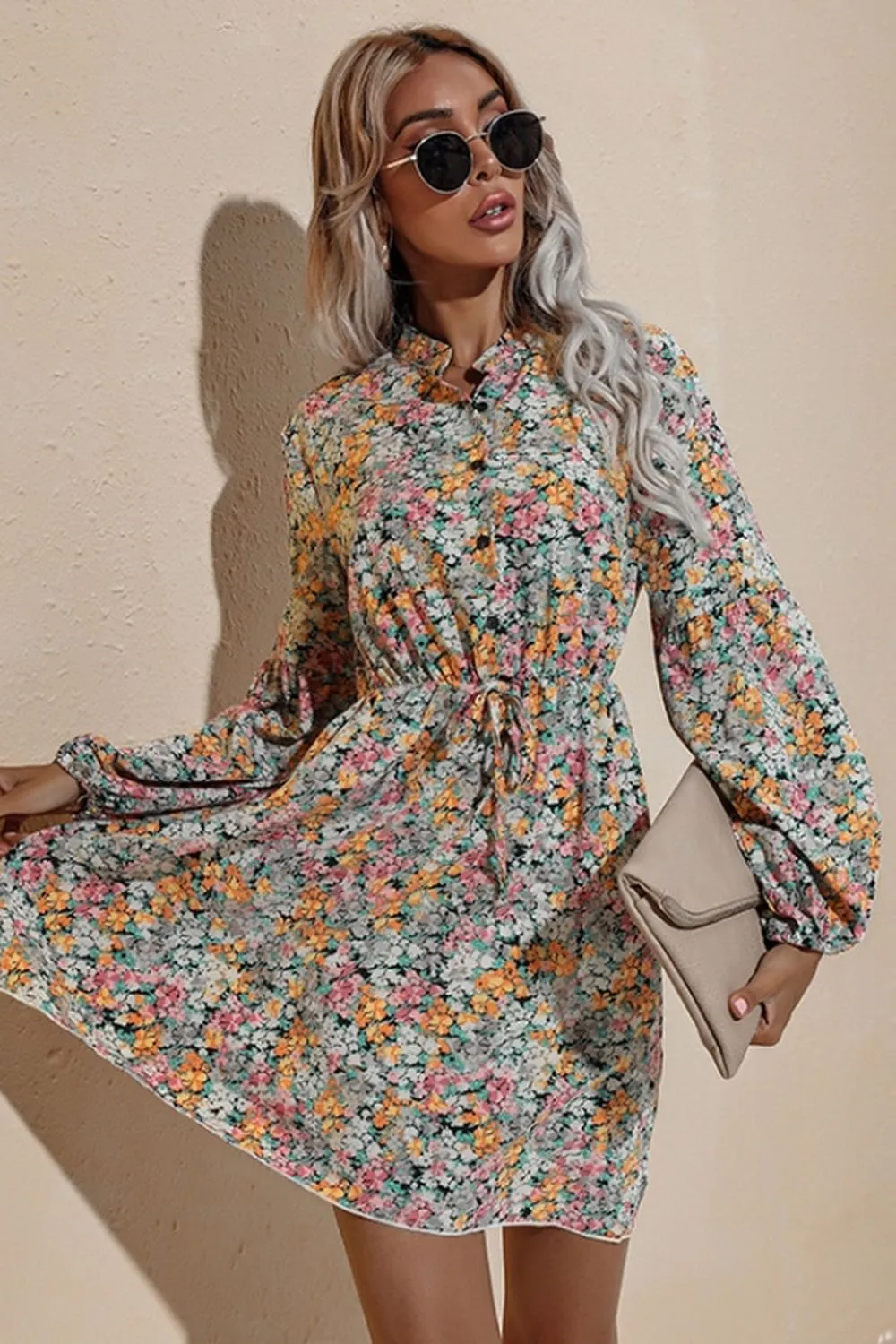 V-Neck High Waist Floral Chiffon Dress