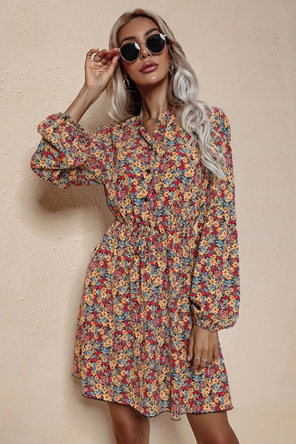 V-Neck High Waist Floral Chiffon Dress