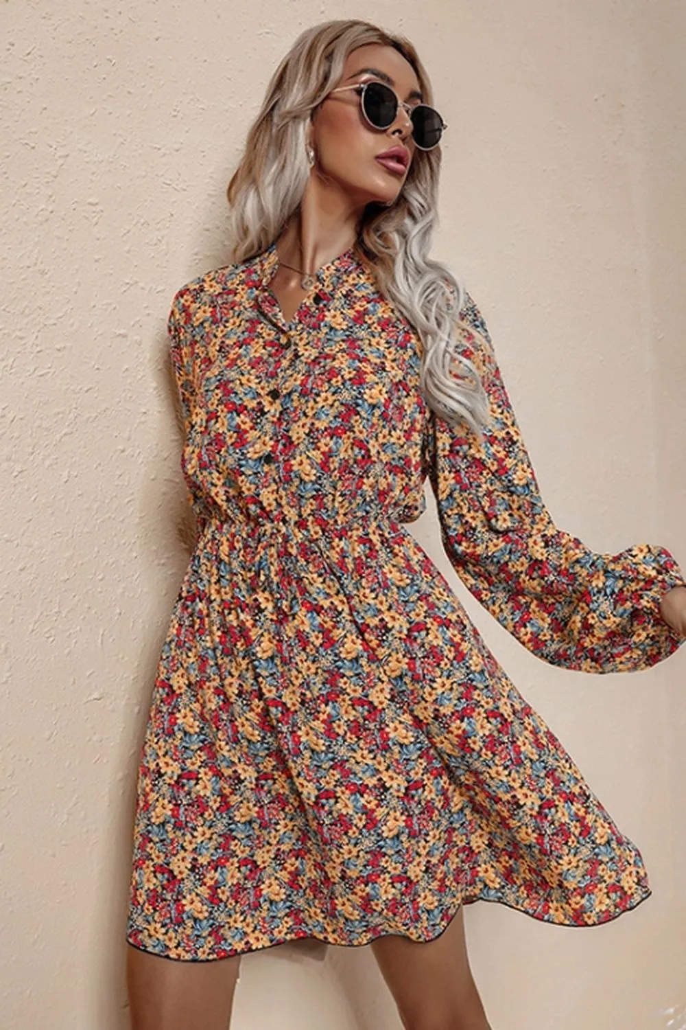 V-Neck High Waist Floral Chiffon Dress