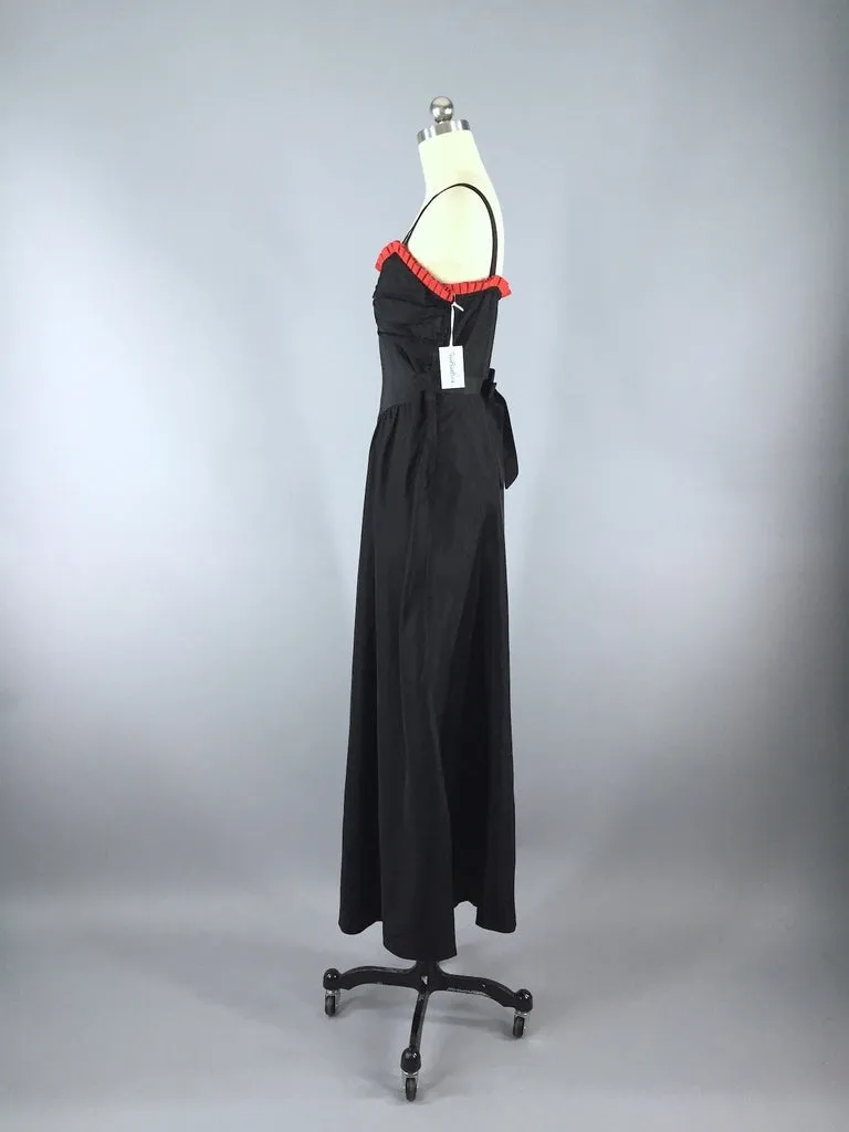 Vintage 1930s Black Maxi Dress with Red Ruffle Trim