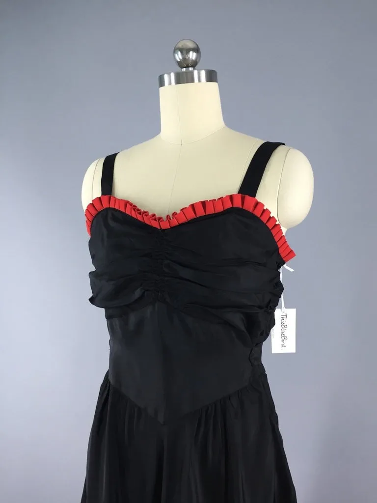 Vintage 1930s Black Maxi Dress with Red Ruffle Trim