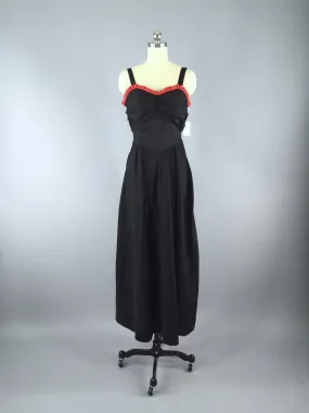 Vintage 1930s Black Maxi Dress with Red Ruffle Trim