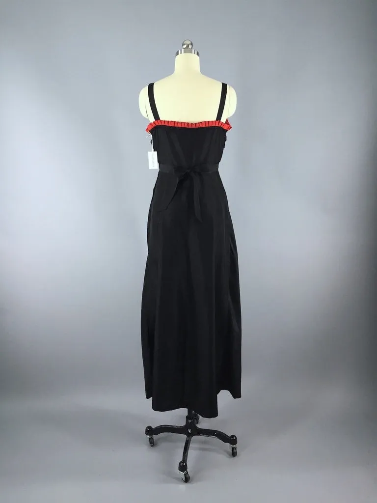 Vintage 1930s Black Maxi Dress with Red Ruffle Trim