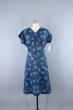 Vintage 1950s Blue Floral Print Day Dress