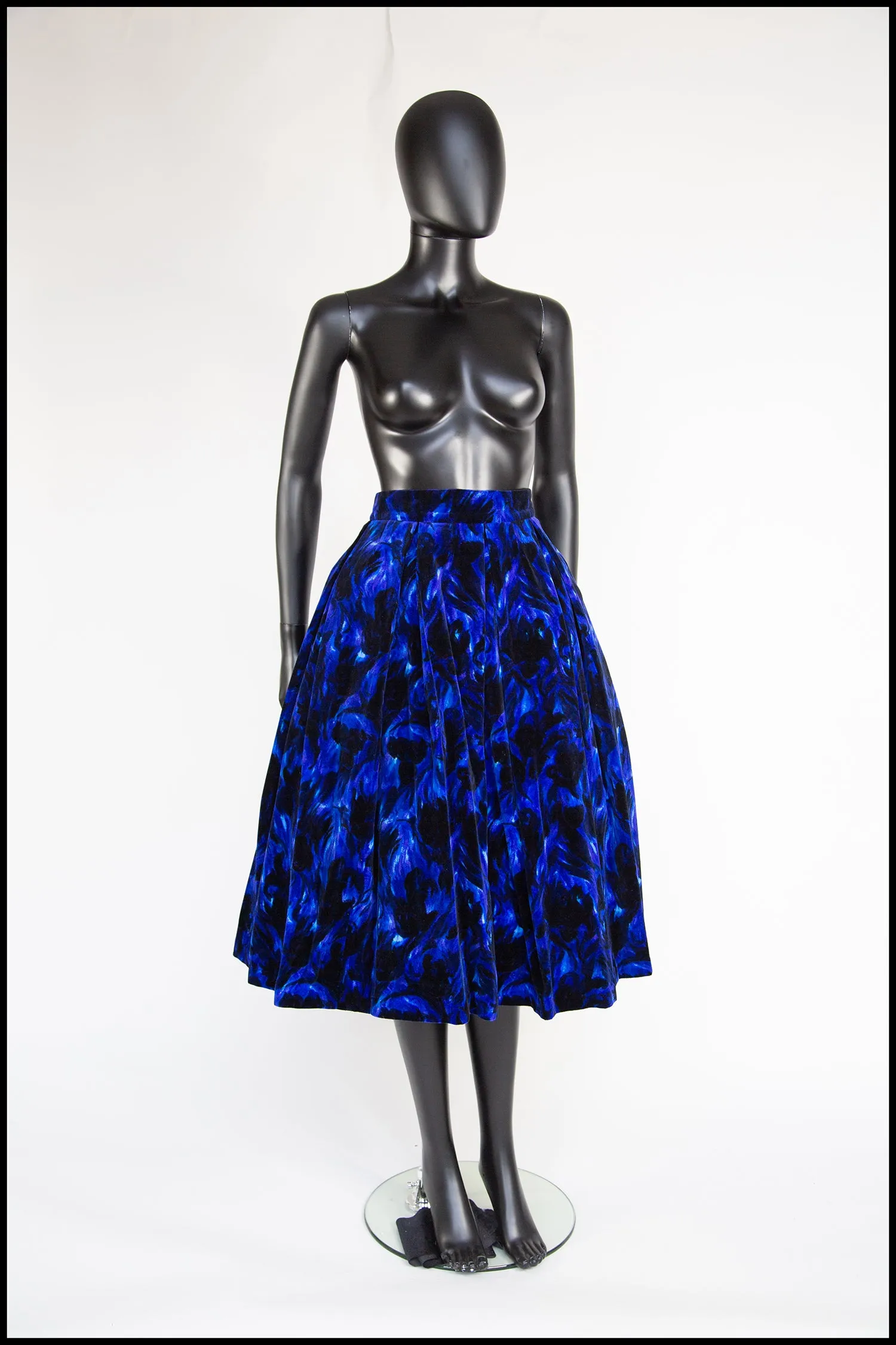 Vintage 1950s Blue Floral Velvet Skirt