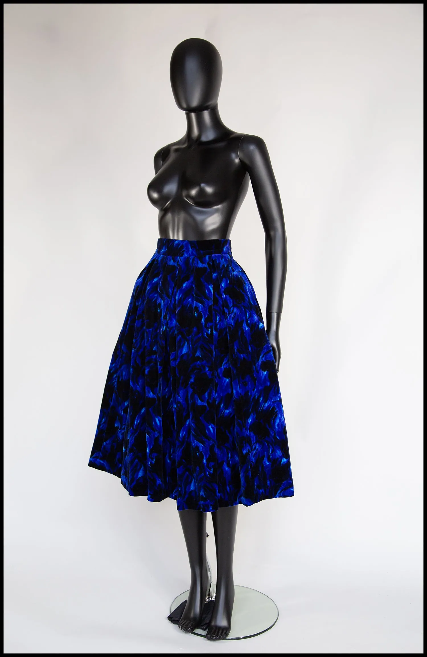 Vintage 1950s Blue Floral Velvet Skirt