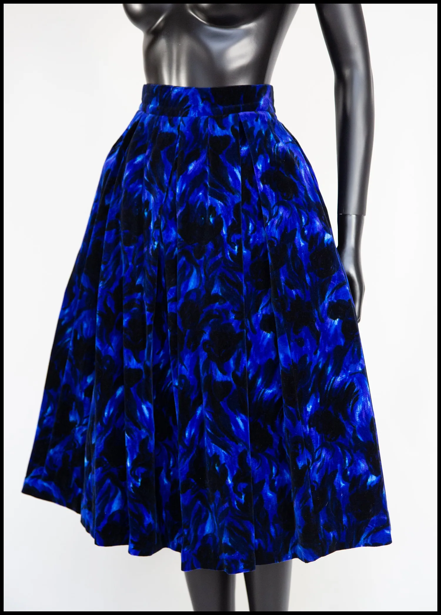 Vintage 1950s Blue Floral Velvet Skirt