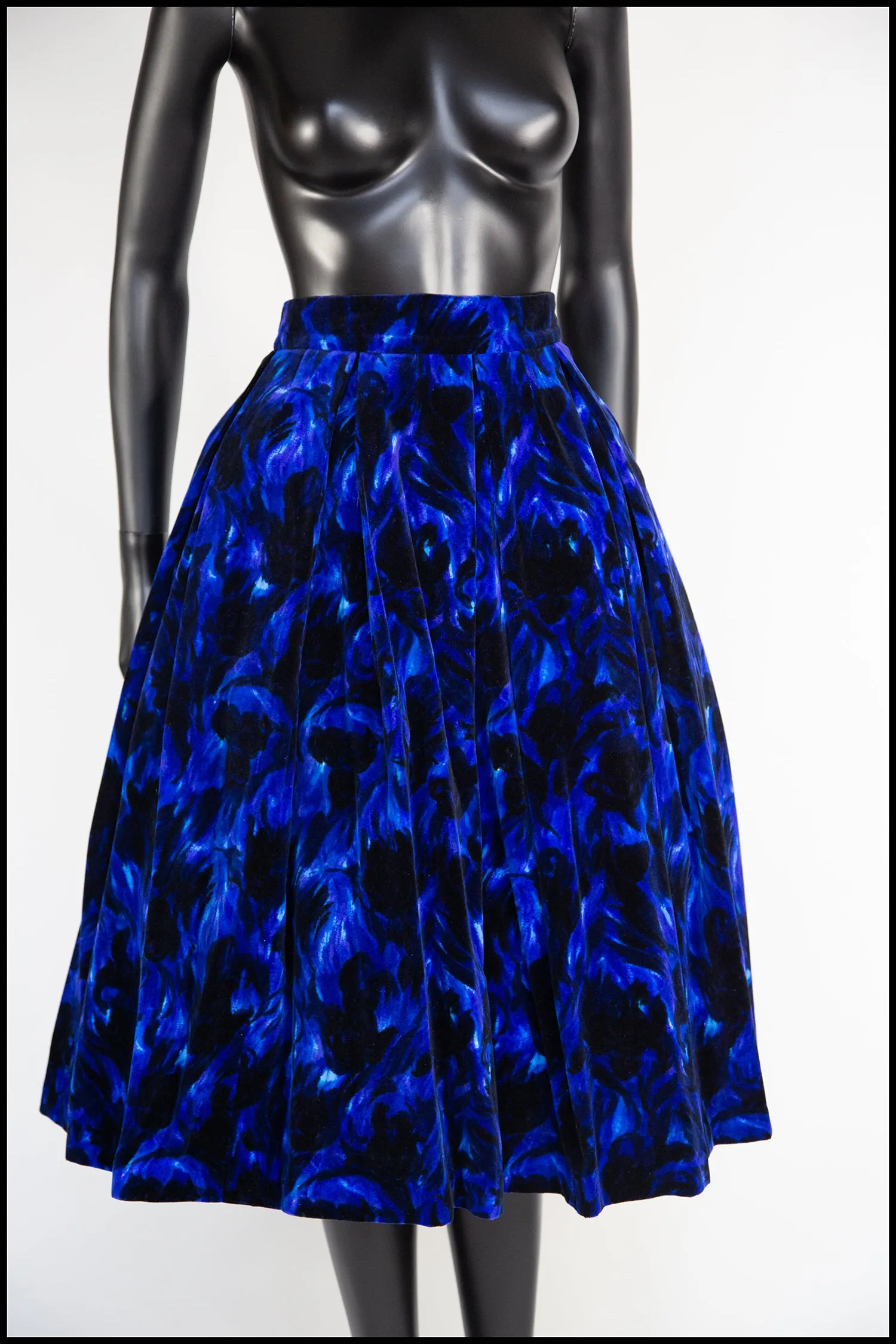 Vintage 1950s Blue Floral Velvet Skirt