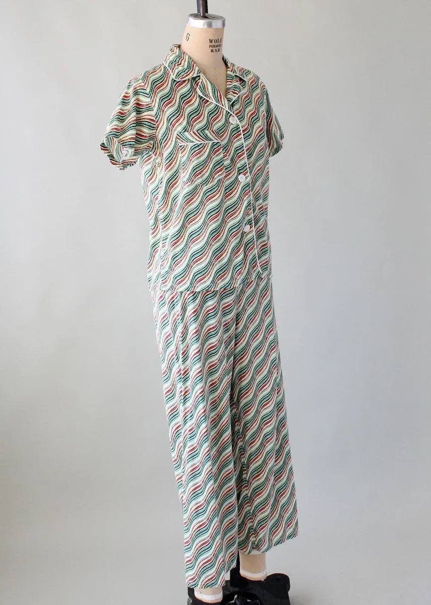 Vintage Late 1940s Waves and Stripes Cotton Pajama Set