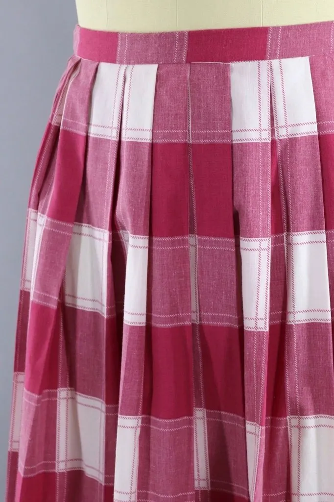 Vintage Pink Plaid Pleated Skirt