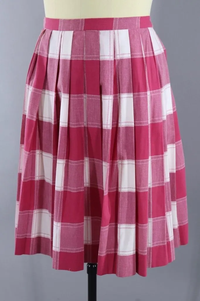 Vintage Pink Plaid Pleated Skirt