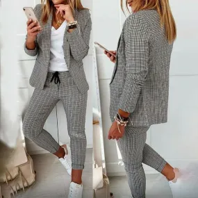 Wenkouban Autumn Women Casual Two Piece Work Wear Fashion Suit Sets Long Sleeve Plaid Print Blazer Coat & Drawstring Pants Set