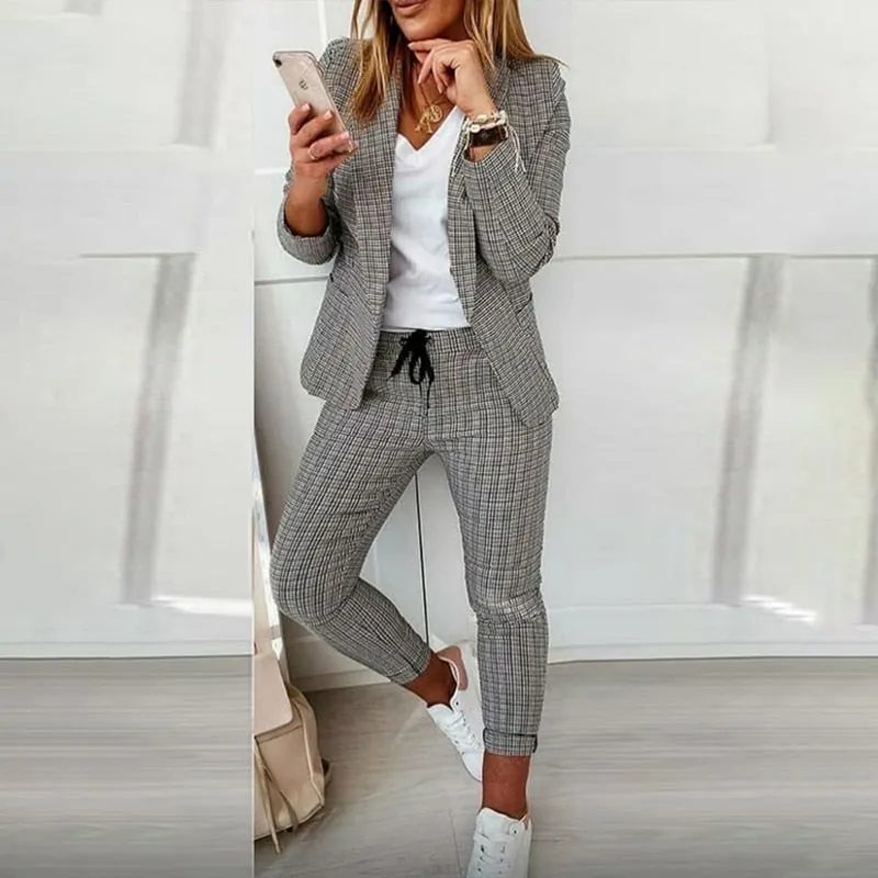 Wenkouban Autumn Women Casual Two Piece Work Wear Fashion Suit Sets Long Sleeve Plaid Print Blazer Coat & Drawstring Pants Set