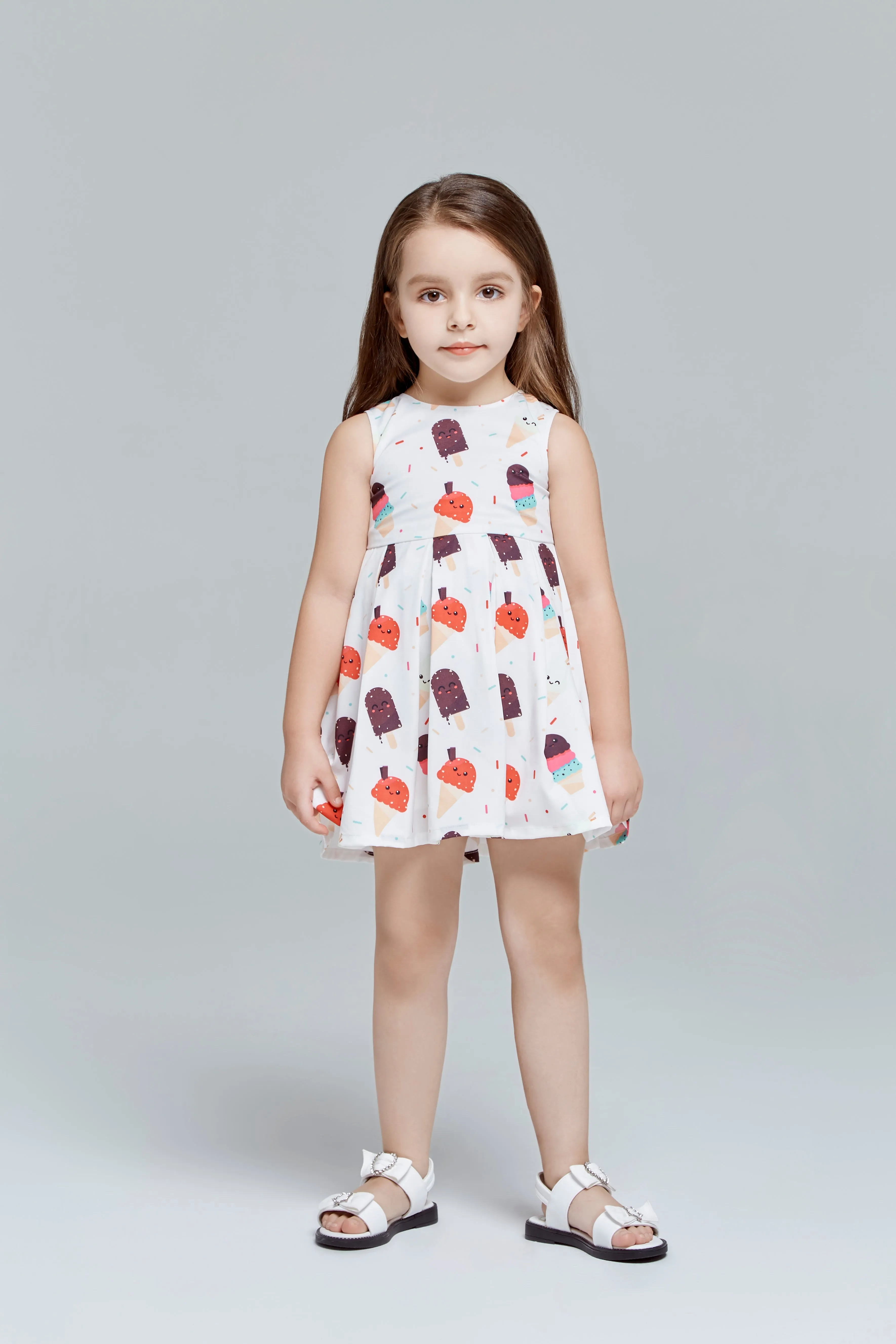 White Color Ice Cream Print Pleated Dress