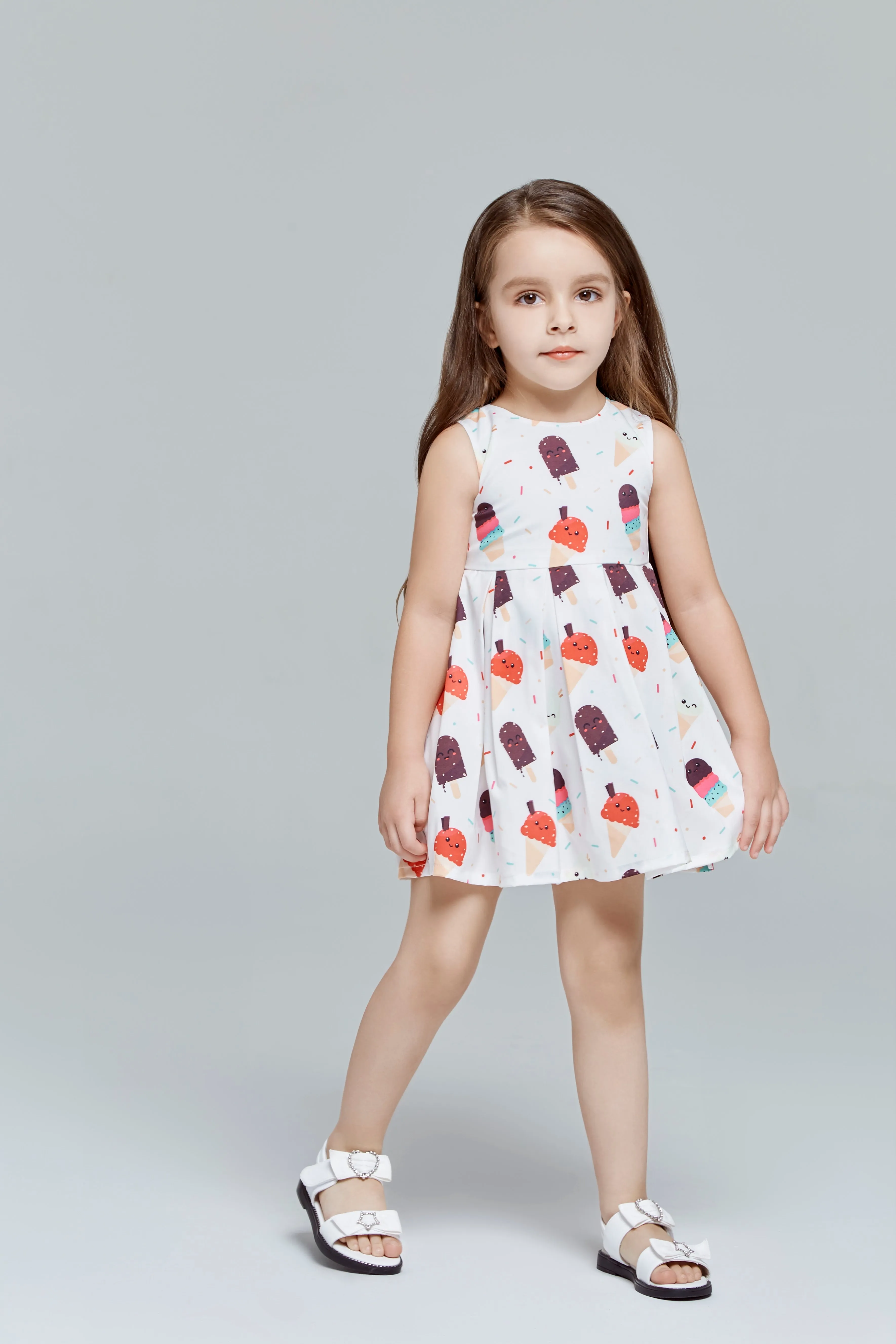 White Color Ice Cream Print Pleated Dress