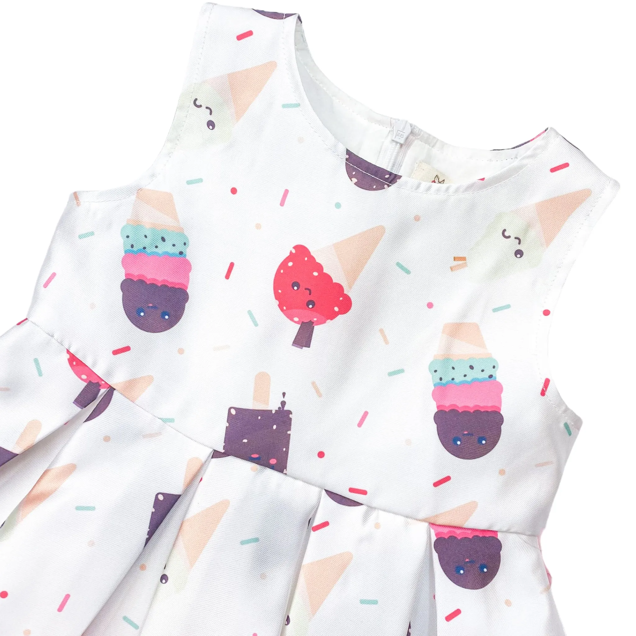 White Color Ice Cream Print Pleated Dress