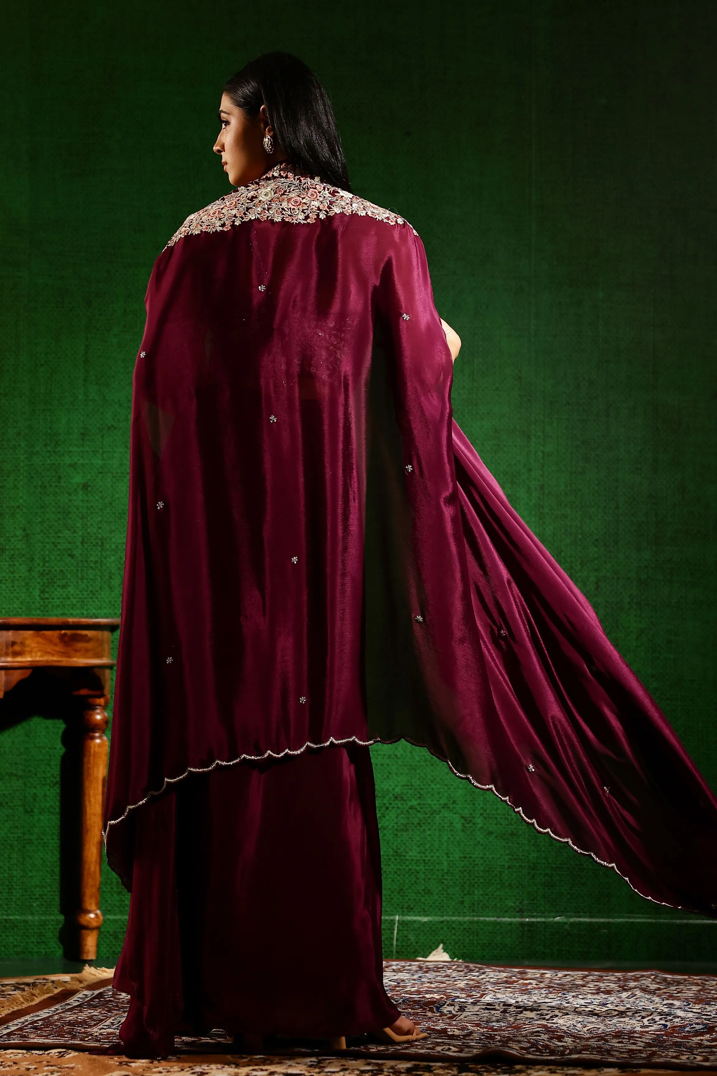 Wine Embroidered Premium Chinon Silk Cape Set