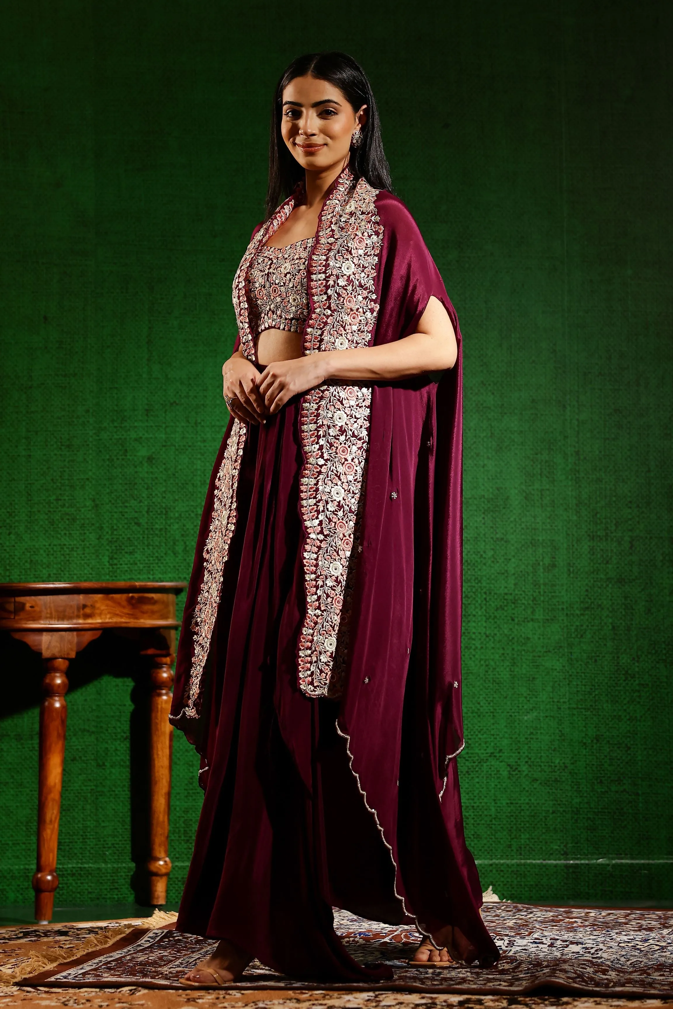 Wine Embroidered Premium Chinon Silk Cape Set