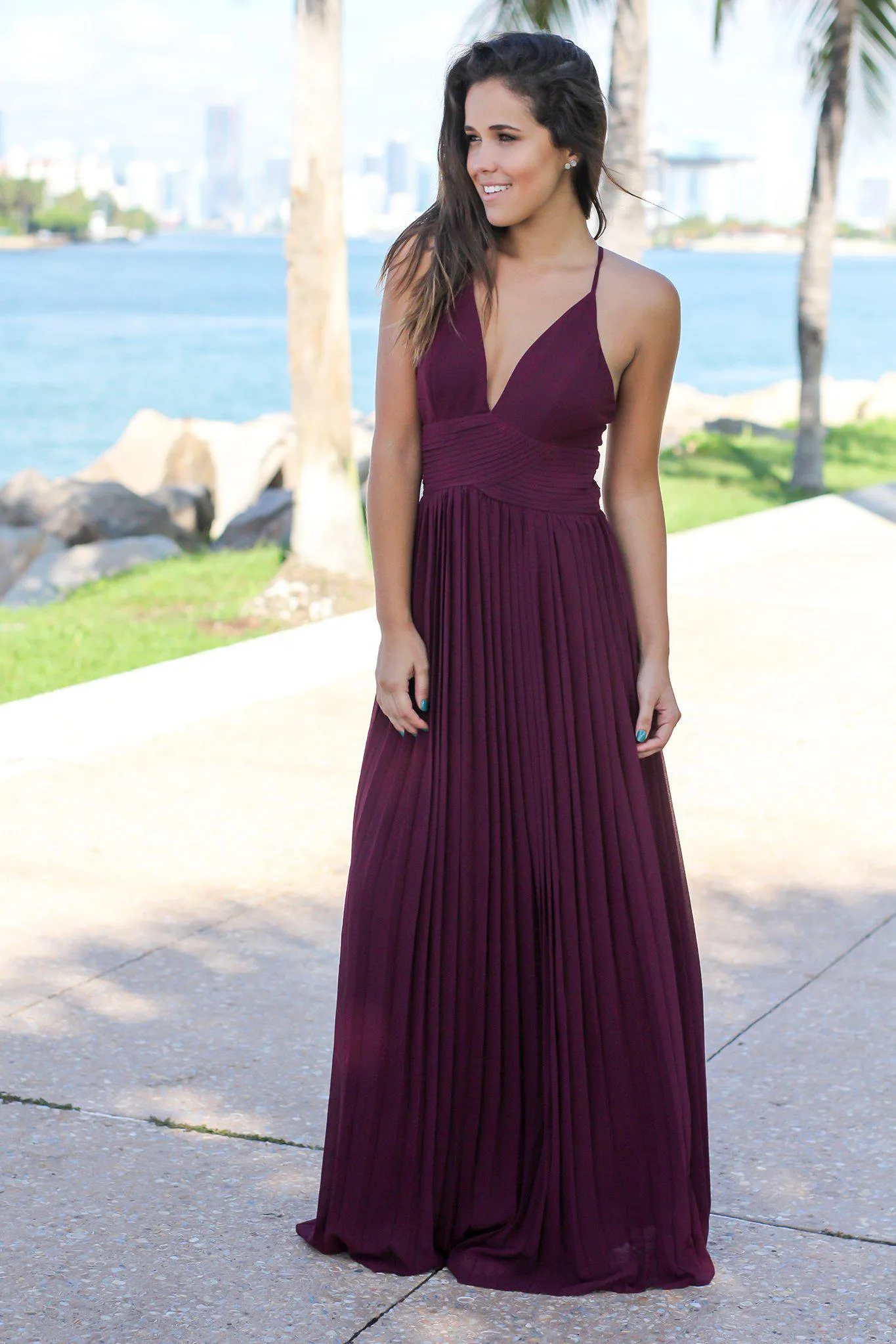 Wine Pleated Maxi Dress with Criss Cross Back