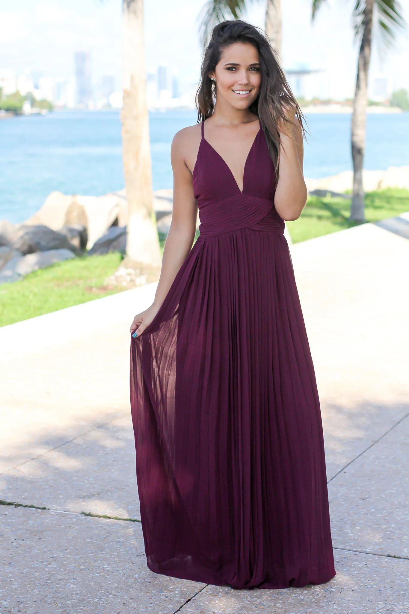 Wine Pleated Maxi Dress with Criss Cross Back