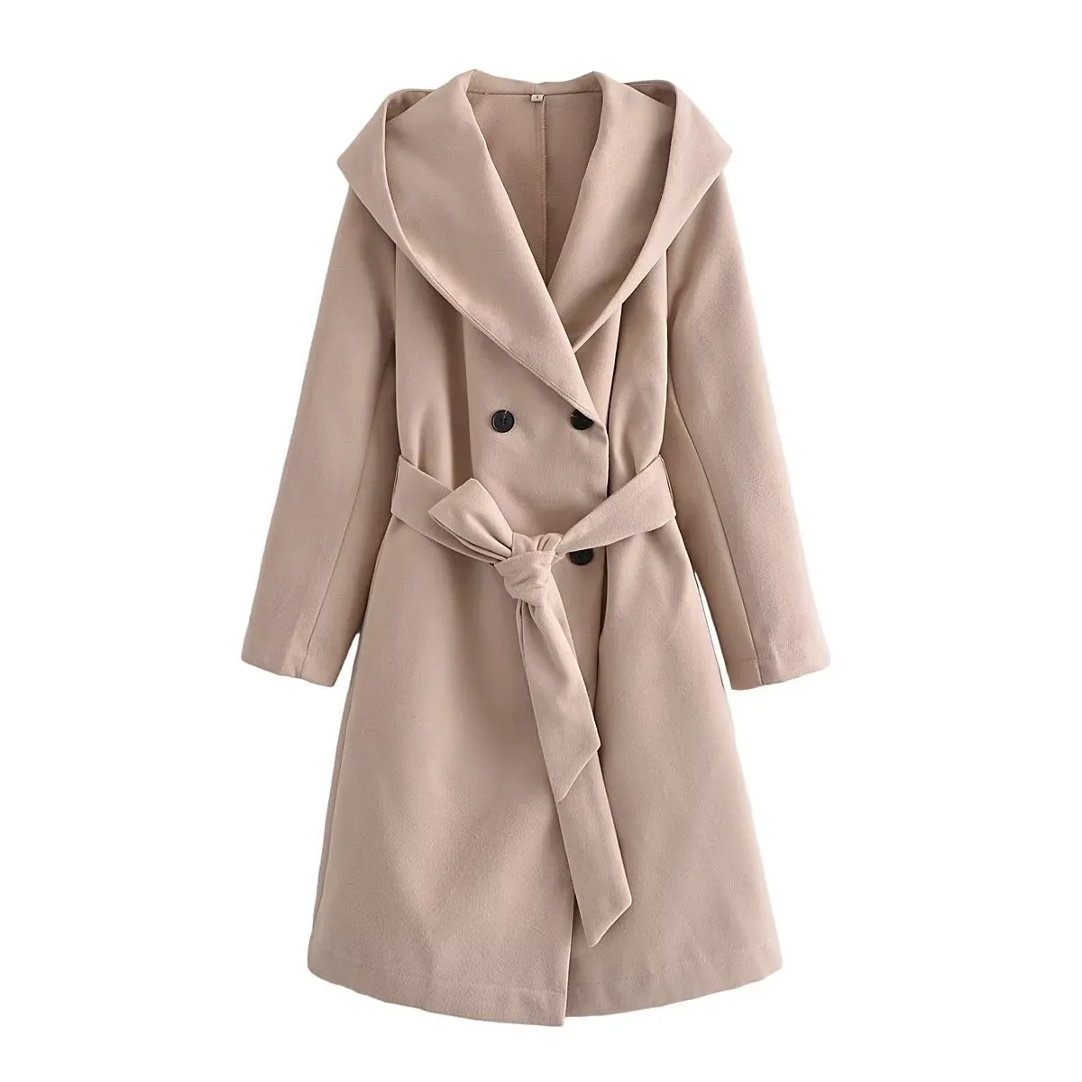 Women Clothing Belt Hooded Casual Long Sleeve Overcoat Jacket