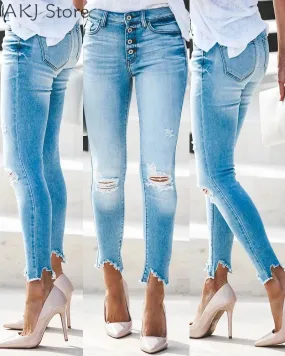 Women Jeans Casual Pocket Design Ripped Hole High Waist Denim Pants