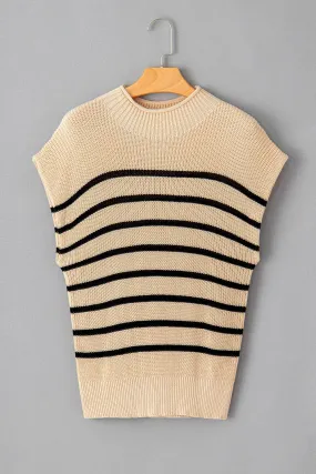 Women Striped Ribbed Knit High Neck Sweater Top