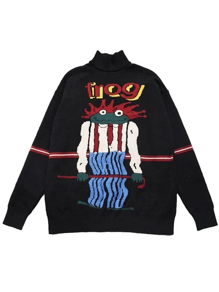 Women's Cartoon Forg Embroidery Knitted Sweaters 2023 Winter Thick Warm Vintage Jacquard Sweater Knit Pullovers