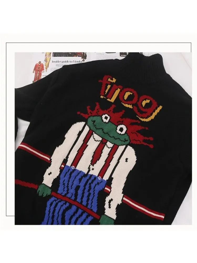 Women's Cartoon Forg Embroidery Knitted Sweaters 2023 Winter Thick Warm Vintage Jacquard Sweater Knit Pullovers