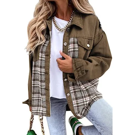 Women's Denim Jacket Long Sleeve Plaid Button Down Shirts Shacket