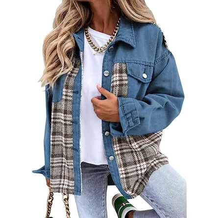 Women's Denim Jacket Long Sleeve Plaid Button Down Shirts Shacket