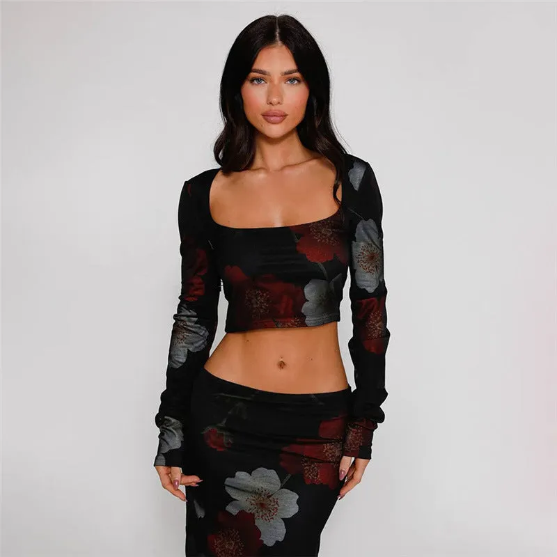 Women's Fashion Printed Square Collar Long Sleeve High Waist Skirt Suit