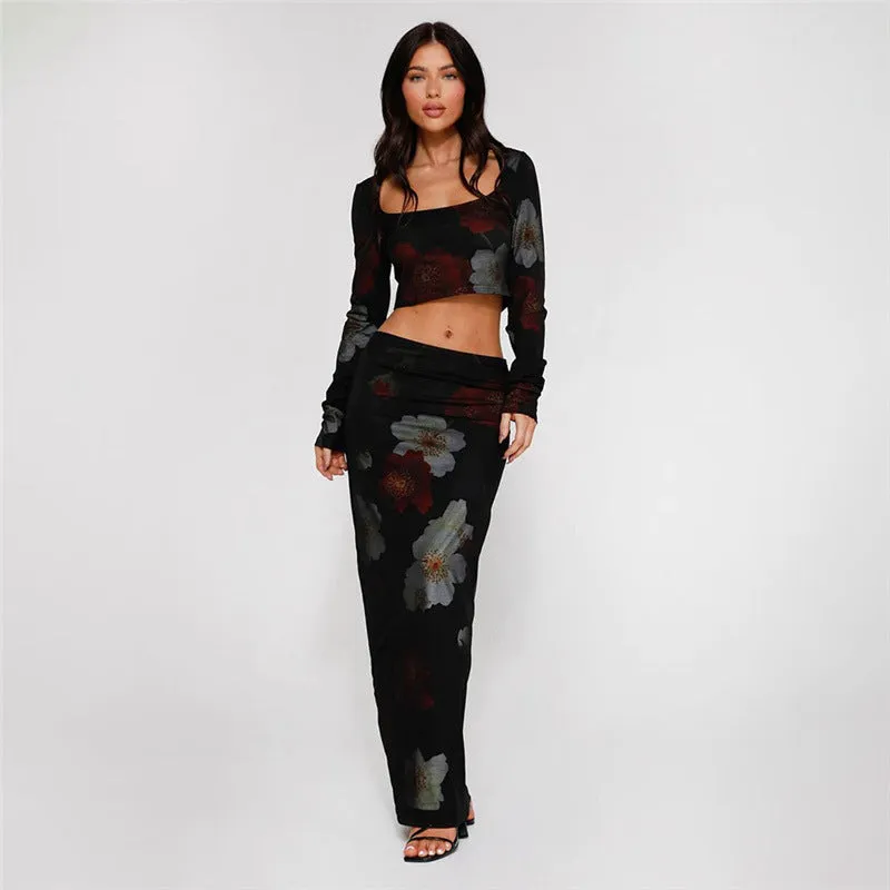 Women's Fashion Printed Square Collar Long Sleeve High Waist Skirt Suit