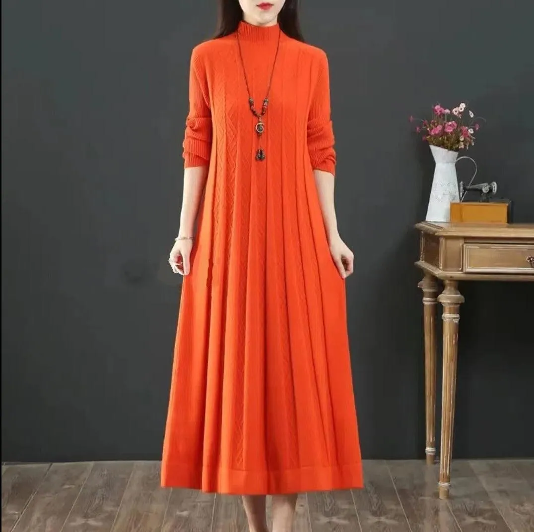 Women's Loose Solid Color Sweater Pleated Dress