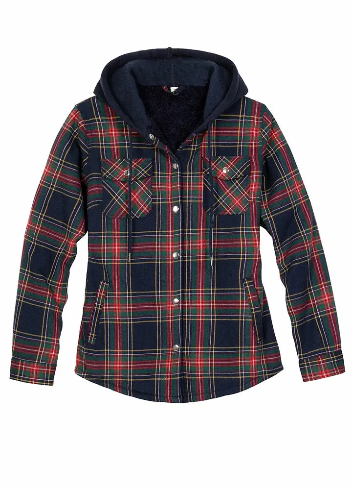 Women's Sherpa-Lined Snap Button Flannel Jacket with Fleece Hood