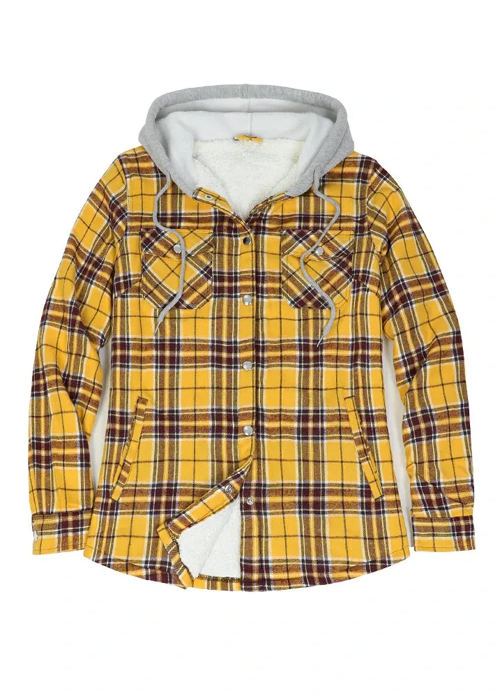 Women's Sherpa-Lined Snap Button Flannel Jacket with Fleece Hood