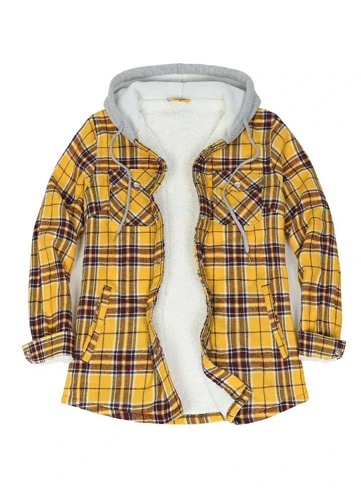 Women's Sherpa-Lined Snap Button Flannel Jacket with Fleece Hood