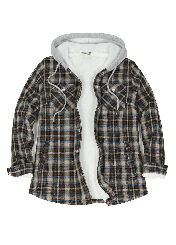 Women's Sherpa-Lined Snap Button Flannel Jacket with Fleece Hood