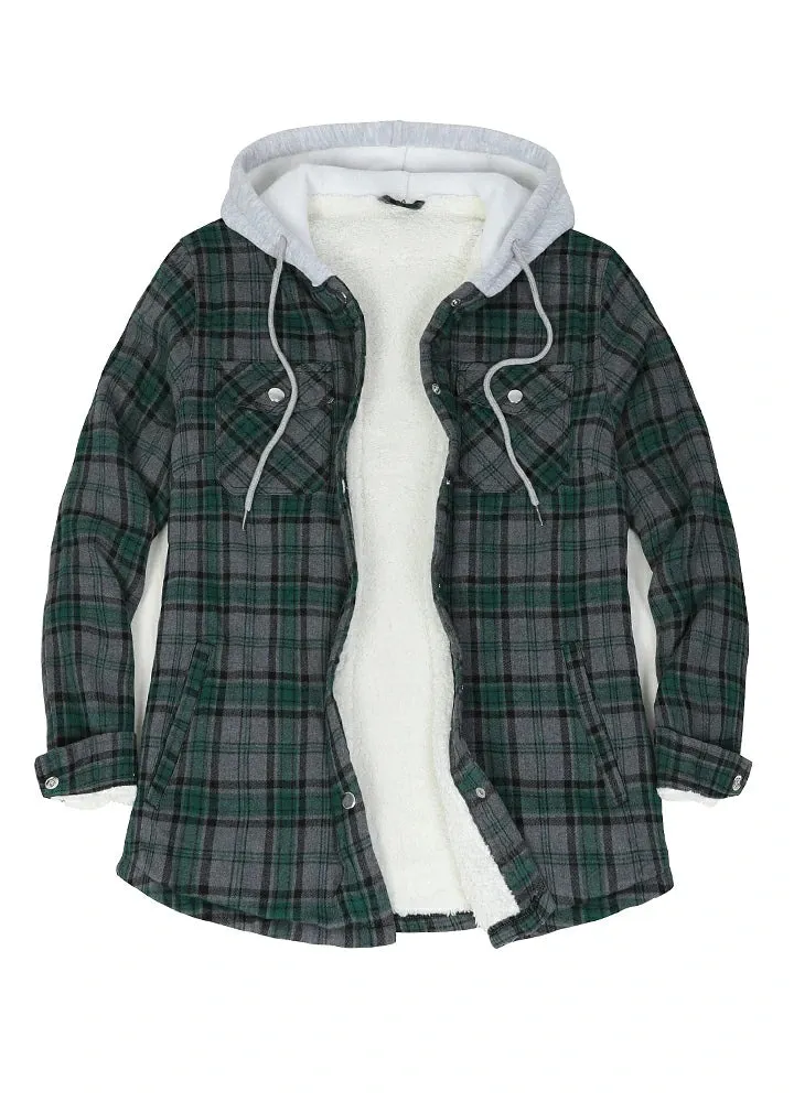 Women's Sherpa-Lined Snap Button Flannel Jacket with Fleece Hood