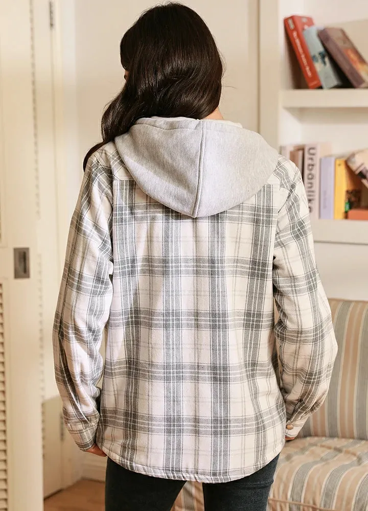 Women's Sherpa-Lined Snap Button Flannel Jacket with Fleece Hood