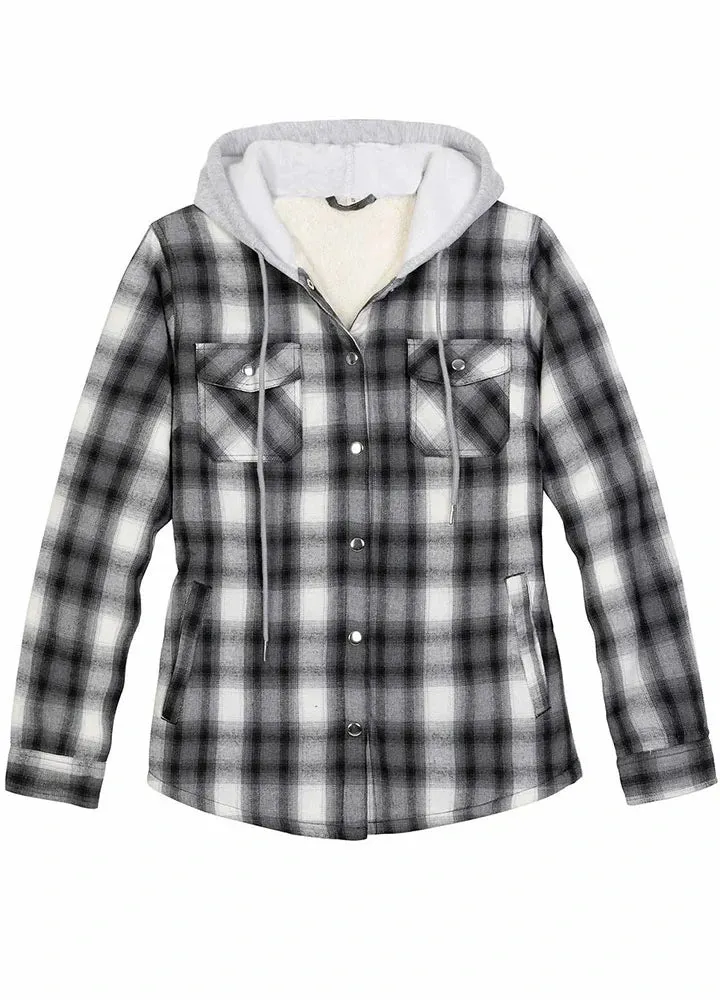 Women's Sherpa-Lined Snap Button Flannel Jacket with Fleece Hood