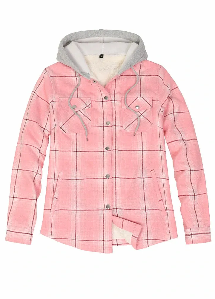 Women's Sherpa-Lined Snap Button Flannel Jacket with Fleece Hood