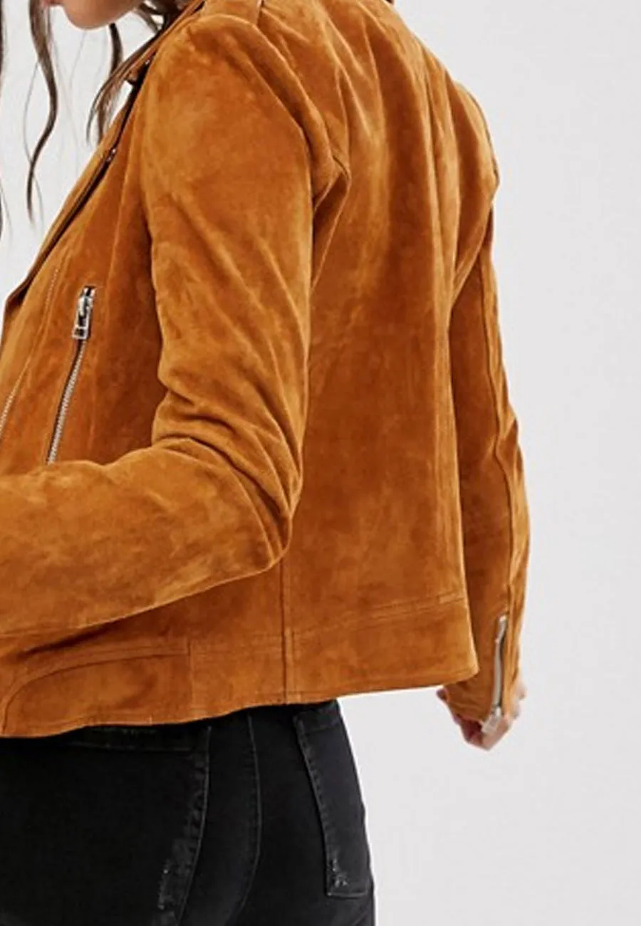 Women’s Tan Brown Suede Leather Biker Jacket