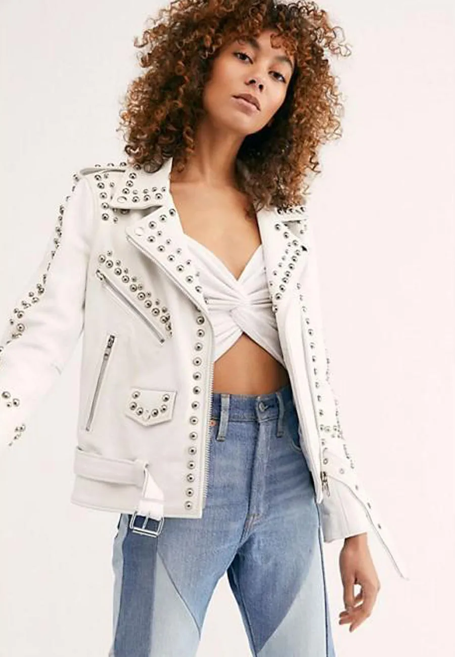 Women’s White Leather Biker Punk Jacket